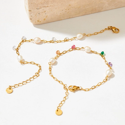 Stainless Steel Bracelet With White Artificial Pearls And Colorful Zirconia Gemstones Elegant Bohemian Jewelry For Women