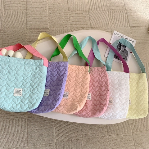 Heart Quilted Tote Bag Women Large Capacity Cotton Fabric Shoulder Handbag Sweet Korean Style Contrast Color Straps