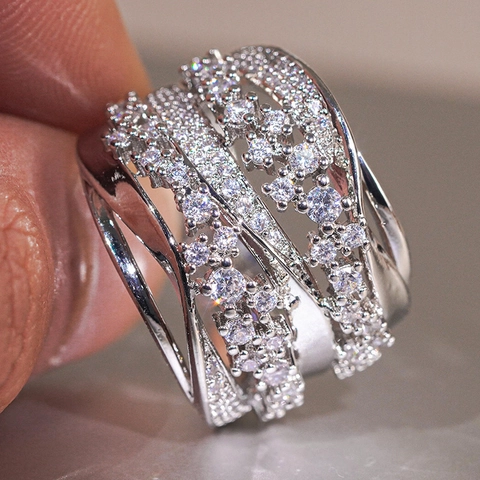 Multi Layer Cross Winding Wide Band Ring Copper White Gold Plated Zirconia Micro Pave Elegant Jewelry For Women