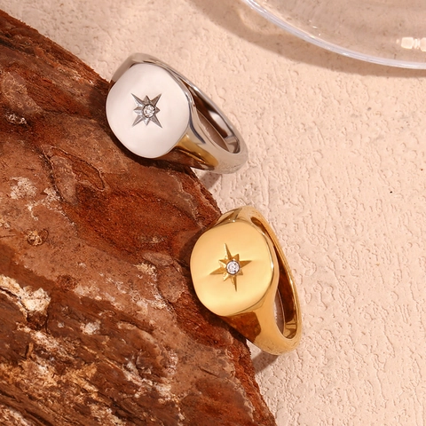 North Star Signet Ring Stainless Steel 18K Gold Plated Geometric Eight Point Star Zircon Celestial Jewelry For Women