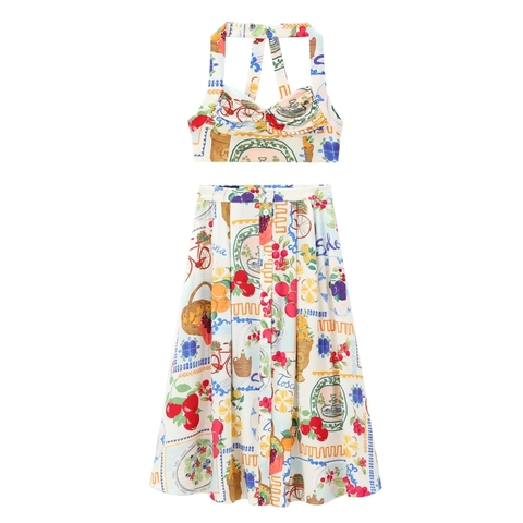 Halter Neck Crop Top And High Waist A-Line Midi Skirt Set Mediterranean Artistic Print Polyester Summer Vacation