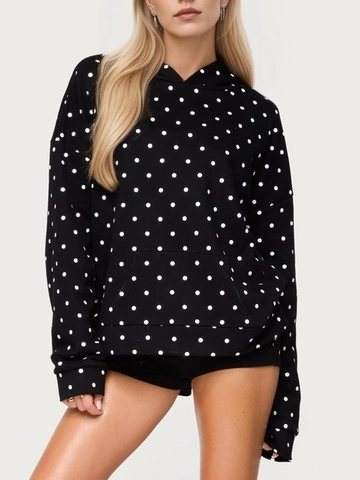 Polka Dot Print Hooded Sweatshirt Women Loose Fit Long Sleeve Kangaroo Pocket Casual Pullover Polyester Hoodie