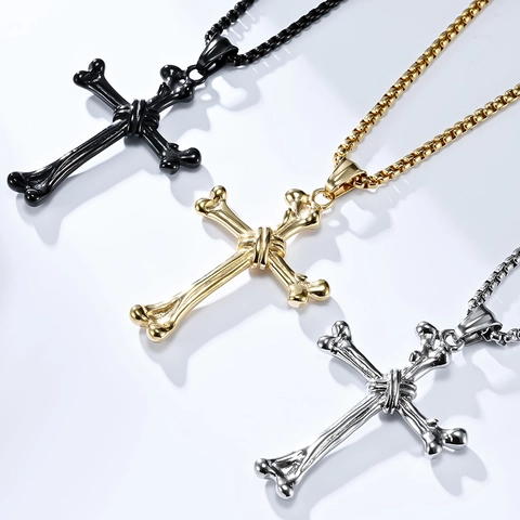 Gothische Knochen Kreuz Anhänger Halskette Für Herren Damen Edelstahl Punk Rock Schmuck Hip Hop Knochen Form Skelett Kreuz