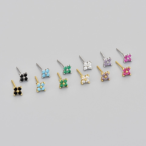 Mini Four Leaf Flower Stud Earrings For Women With Colorful Zircon Inlaid Copper And 925 Sterling Silver Earring Post
