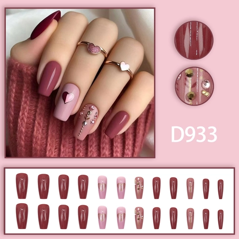 Faux Ongles Cercueil Longs Rouge Vin Rose Cœur Strass Décor Métal Doré Style Rétro