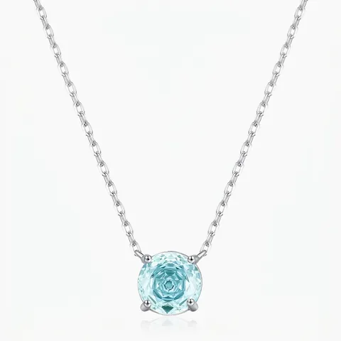 Collar Con Colgante Redondo Corte Rosa Plata De Ley 925 Circonita Azul Claro Brillante Joyería Elegante Para Mujer Regalo