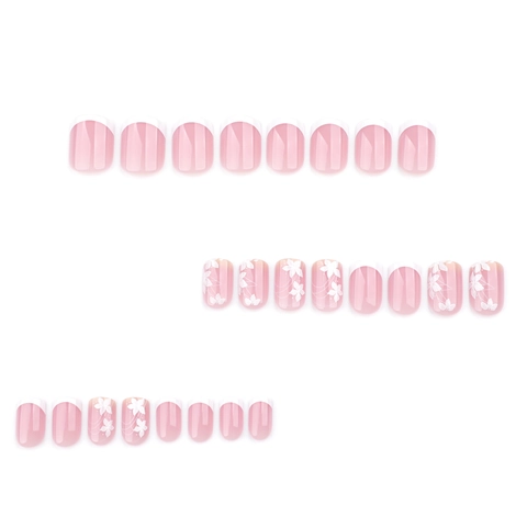 Uñas Postizas French Tip Flores Blancas Base Rosa Nude Forma Cuadrada Redonda Uñas Desmontables Para Mujeres