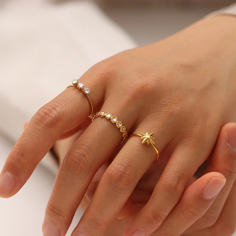 Stainless Steel Eight Pointed Star Ring For Women Adjustable Zircon Inlaid Vintage Style Non Fading Elegant Finger Ring