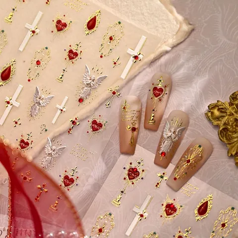 Barock 5D Relief Nagelsticker Vintage Religiöse Engel Herz Kreuz Goldfolie Geprägte Maniküre Dekor Für Frauen