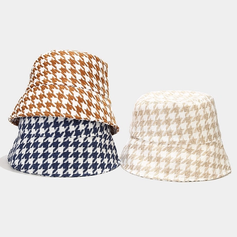 Cappello A Secchiello Donna Motivo Pied De Poule Tessuto Tweed Pesante Caldo Autunno Inverno Retro Moda Accessorio