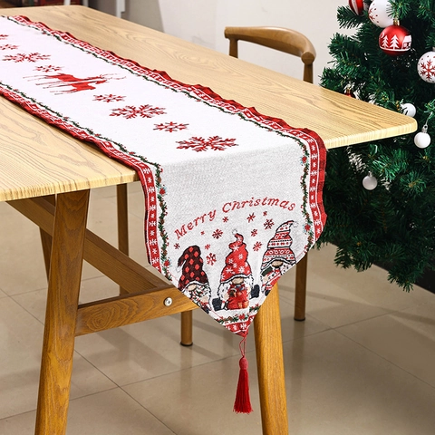 Camino De Mesa Navideño Tela De Punto Gnomo Reno Patrones De Copos De Nieve Con Borlas Decoración De Comedor