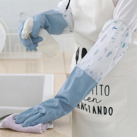Long Sleeve Waterproof Household Cleaning Gloves Fleece Lined PVC Dishwashing Kitchen Bathroom Nordic Printed Pattern For Women