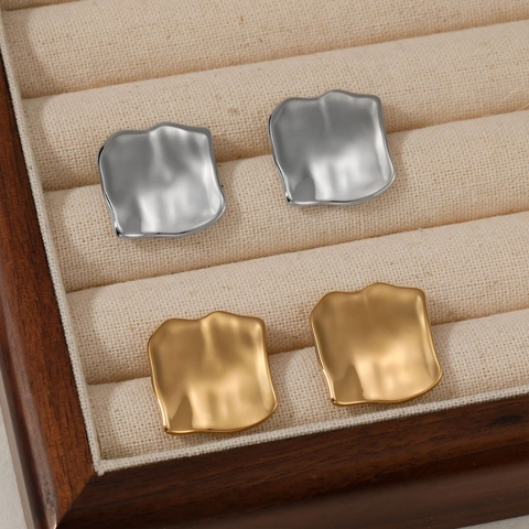 Minimalist Irregular Square Stud Earrings For Women Stainless Steel PVD Gold Plated Geometric Textured Tarnish Free
