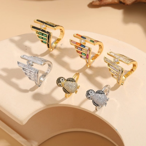 Flügel Feder Pinguin Verstellbare Offene Ringe Kupfer Zirkon 14K Vergoldet Tierform Modeschmuck Für Damen