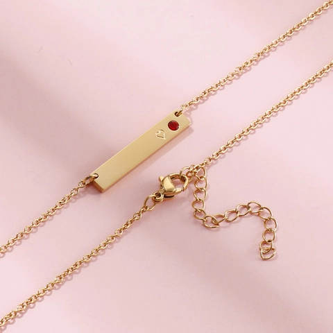Horizontal Bar Pendant Necklace 18K Gold Plated Stainless Steel With Heart Engraving And Birthstone Jewelry For Women