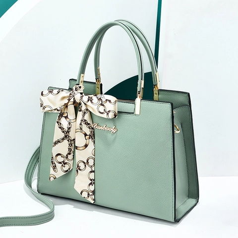 Damen Elegant PU Leder Handtasche Litschi Textur Satinnschal Dekor Henkeltasche Große Kapazität Büro Tasche
