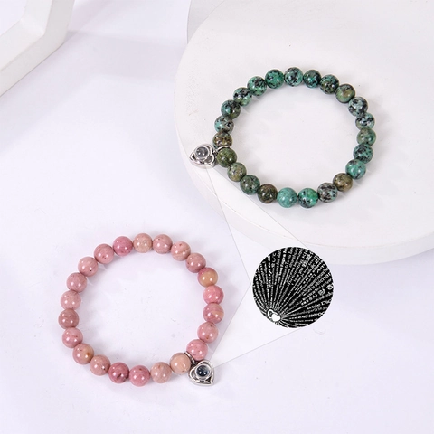 Bracciale In Perline Di Pietra Naturale Pendente Cuore Lega Proiezione Più Lingue Ti Amo Madre Figlia Moglie Regalo