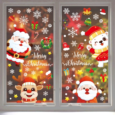 Autocollants Fenêtre Noël Statique PVC Double Face Décalcomanies Verre Père Noël Bonhomme De Neige Renne Flocon Décor