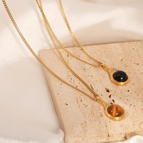 Collana con Ciondolo in Occhio di Tigre in Acciaio al Titanio Vintage per Donna Elegante Gioielli in Agata Placcati Oro con Perle Artificiali