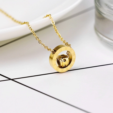 Titaanstaal Dubbele Ring Hanger Halsketting Voor Vrouwen Roségoud Goud Zilver Romeinse Cijfers Zirkonia Sleutelbeen Ketting Sieraden