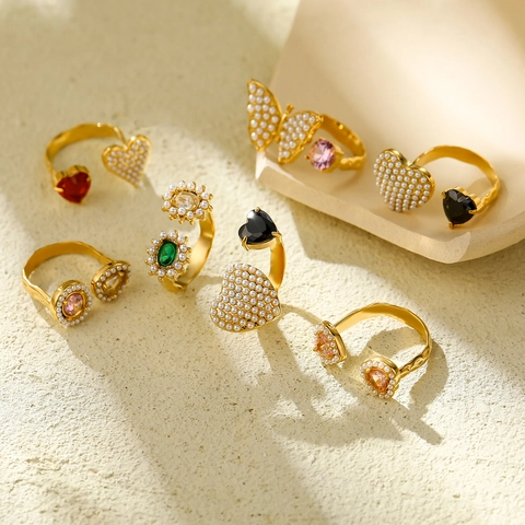 Adjustable Open Ring Stainless Steel Faux Artificial Pearl Zircon Heart Butterfly Flower Vintage Luxury Jewelry Women