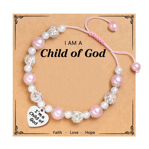 Pulsera Ajustable de Perlas Artificiales Con Colgante de Cruz Corazón Bautizo Primera Comunión Joyería Religiosa Tejida a Mano