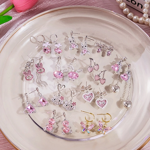 Boucles D'Oreilles Pendantes Roses Mignonnes Animal Dessin Animé Lapin Chat Coeur Strass Zircon Alliage Bijoux Pour Femmes