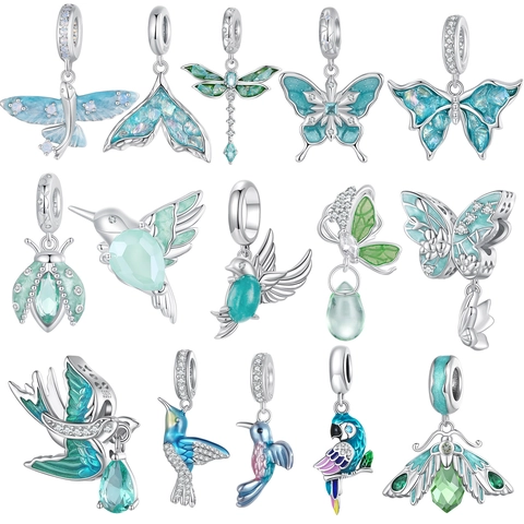 925 Sterling Silver Hummingbird Butterfly Charms Blue Green Enamel Insect Bird Beads Rhinestone Pendant For DIY Bracelet Jewelry