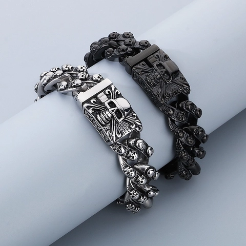 Pulsera De Hombre Calavera Cadena Cubana Acero Inoxidable Pesado Punk Gótico Rock Distressed Joyería Vintage