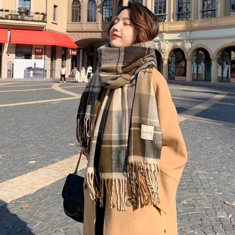 Winter Warm Imitation Cashmere Scarf For Women Men Classic Plaid Tassel Thickened Soft Long Couple Neck Scarf Wrap