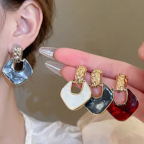 Retro Geometric Dangle Earrings Marbled Acrylic Alloy Hammered Texture With 925 Sterling Silver Earring Post For Women