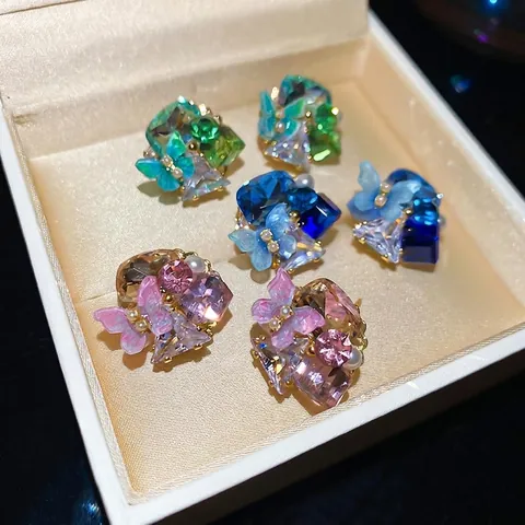 Butterfly Crystal Flower Cluster Stud Earrings With Silver Earring Post 18K Gold Plated Elegant Jewelry For Women