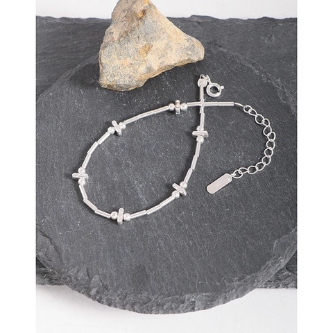 Bracelet En Argent Sterling 925 Design Géométrique De Tube Et Perle Ronde Maillon Étoile Croix Pour Femme Réglable