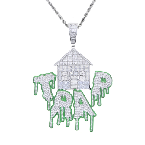 Μενταγιόν Κολιέ Hip Hop Trap House Letter Από Χαλκό Με Ζιργκόν Και Πράσινο Σμάλτο Κοσμήματα Για Άνδρες Και Γυναίκες