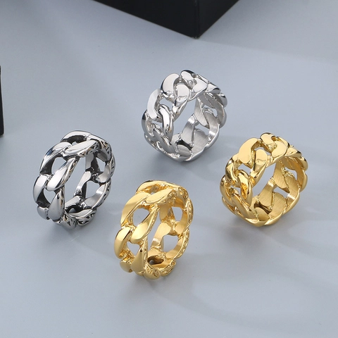 Anello Catena Cubana Uomo Acciaio Inossidabile 316L Punk Hip Hop Bordi Goffrati Intrecciati Gioielli Oro Argento