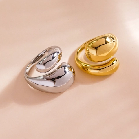 Anello Acciaio Inossidabile Placcato Oro 14K Impermeabile Forma Goccia D'acqua Organica Irregolare Regolabile Gioielli Donna