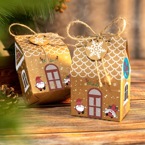 Caja de Dulces de Papel Kraft Casa de Jengibre Feliz Navidad Cajas de Embalaje de Galletas Chocolate Con Pegatinas Cuerdas Etiquetas Decoración