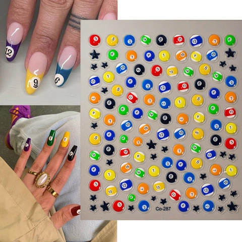 Billiards Pool Table Ball 5D Relief Nail Art Stickers Numbered Designs And Stars Waterproof DIY Manicure Decoration For Women