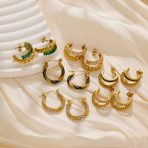 Hoop Earrings Stainless Steel Gold Plated Twisted Rope Baguette Zircon Vintage French Style Fashion Jewelry For Women