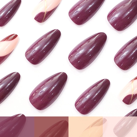 Lange Amandelvormige Kunstnagels Donkerpaars Nude Roze Gouden Strepen Glanzende Nagels Manicure Voor Vrouwen