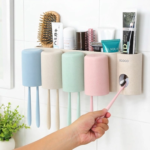 Wall Mounted Toothbrush Holder Automatic Toothpaste Dispenser Wheat Straw Fiber Bathroom Storage Rack Magnetic Cups