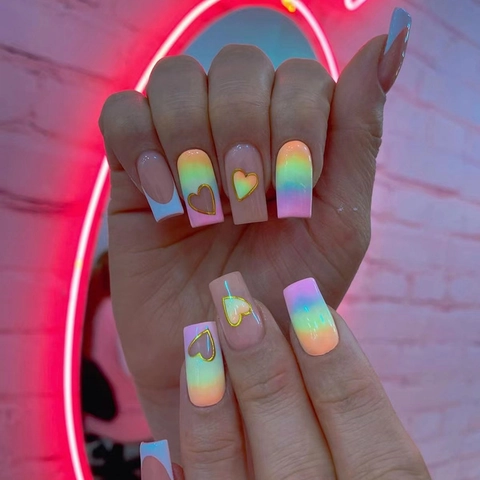 Rainbow Gradient Press On Nails French Gold Heart Pattern Square Artificial Fake Nails For Women Cute Style
