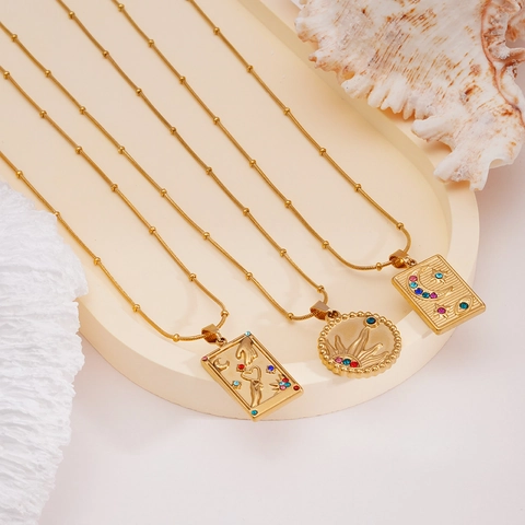 Collana Con Pendente Carta Dei Tarocchi Acciaio Inossidabile Sole Luna Stella Placcato Oro Strass Colorati Gioielli Moda
