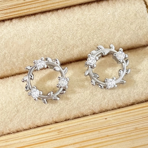 Wreath Stud Earrings Copper Gold Plated Zircon Leaf Circular Branch Dainty Floral Minimalist Elegant Accessory For Women