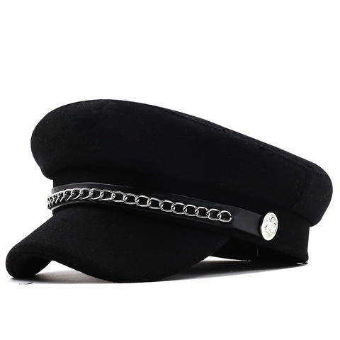 Retro Newsboy Cap Woolen Felt Navy Hat With Silver Metal Chain Decorative Button Vintage British Style For Women
