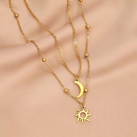 Double Layer Necklace Stainless Steel Sun Moon Pendant Bead Chain Adjustable Minimalist Ins Style For Women
