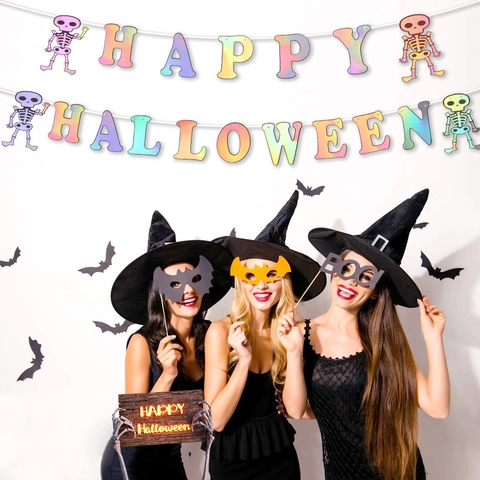 Halloween Banner Iridescent Happy Halloween Letters Skeleton Skull Patterns Laser Paper Bunting Party Hanging Decoration