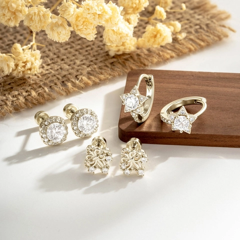 Vintage Koffie Goud Oorkraakbeen Stud Zirconia Kruis Ster Vierkant Piercing Sieraden Retro Franse Stijl