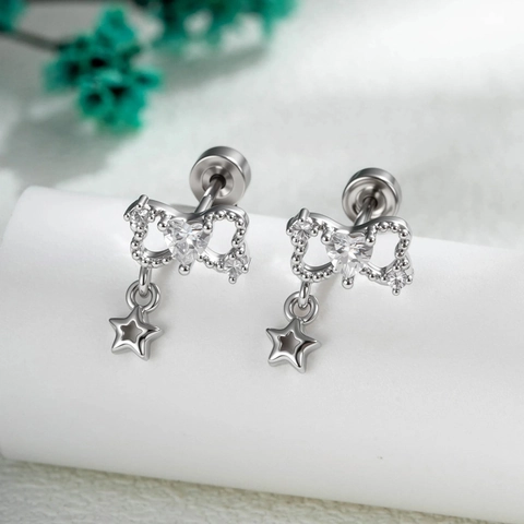 Bowknot Heart Zircon Star Pendant Ear Cartilage Piercing Stud Titanium Steel Copper Silver Color Screw Back Earring
