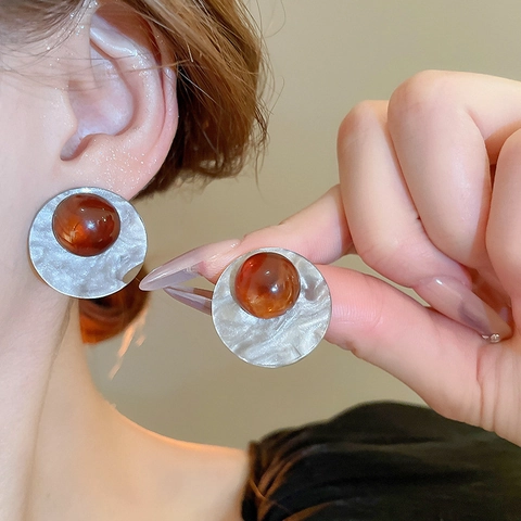 Orecchini A Lobo Rotondi Retrò Da Donna Gioielli Geometrici In Lega Martellata Con Perla In Resina Ambra E Perno In Argento